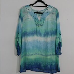 Quintessential Womens Tunic 1X Blue Green Studded Boho‎ Tie Dye Chiffon Coastal
